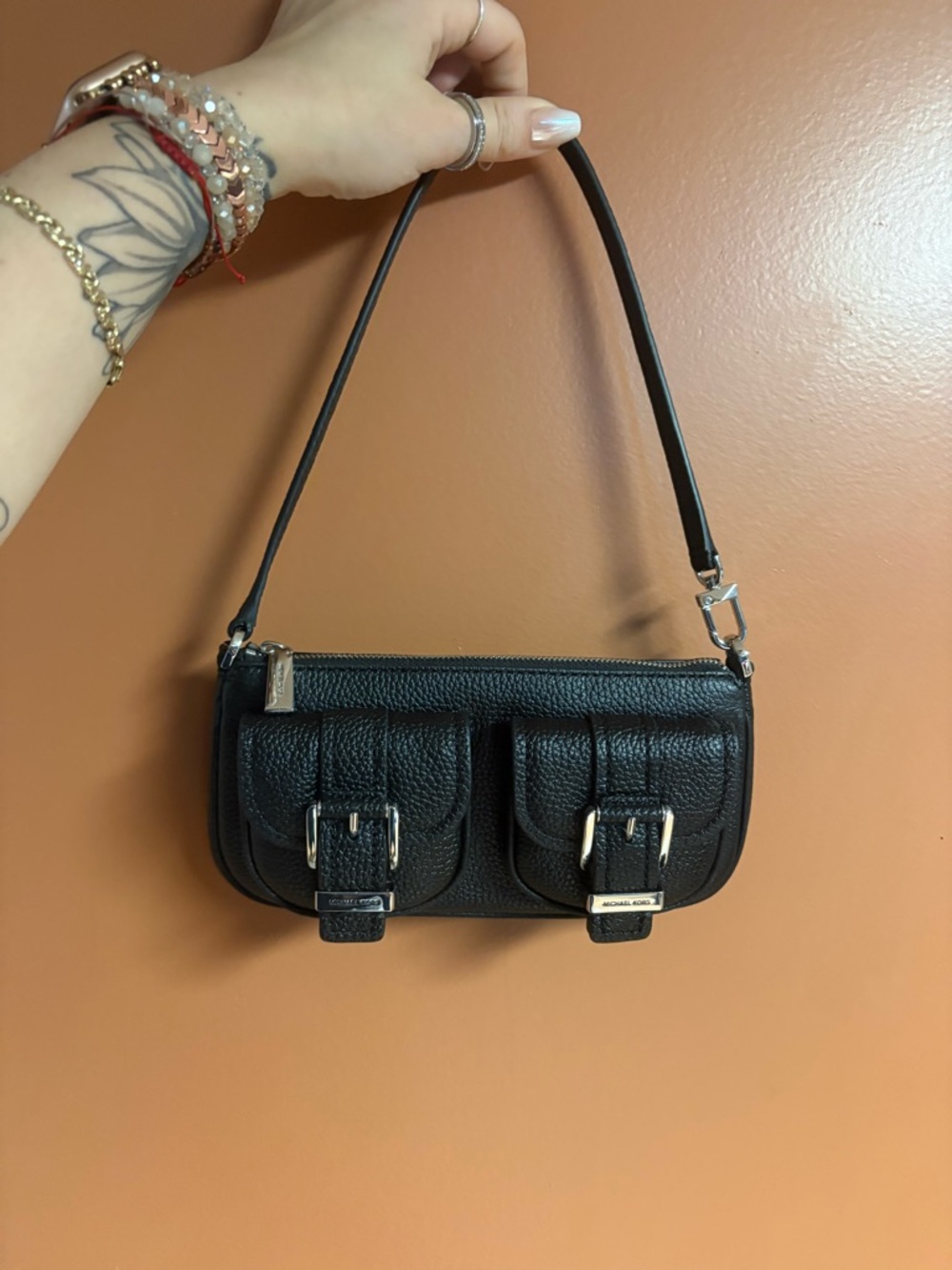 Michael Kors Zoe Black Leather Shoulder Bag with Buckle Pockets